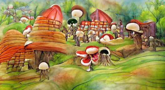 Fantasy Mushroom Village Storybook Illustration