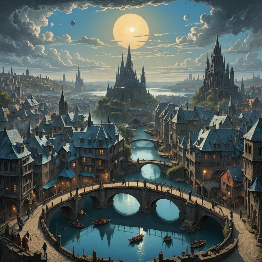 Quaint Lakeside City with Blue Sun, in Doré Style