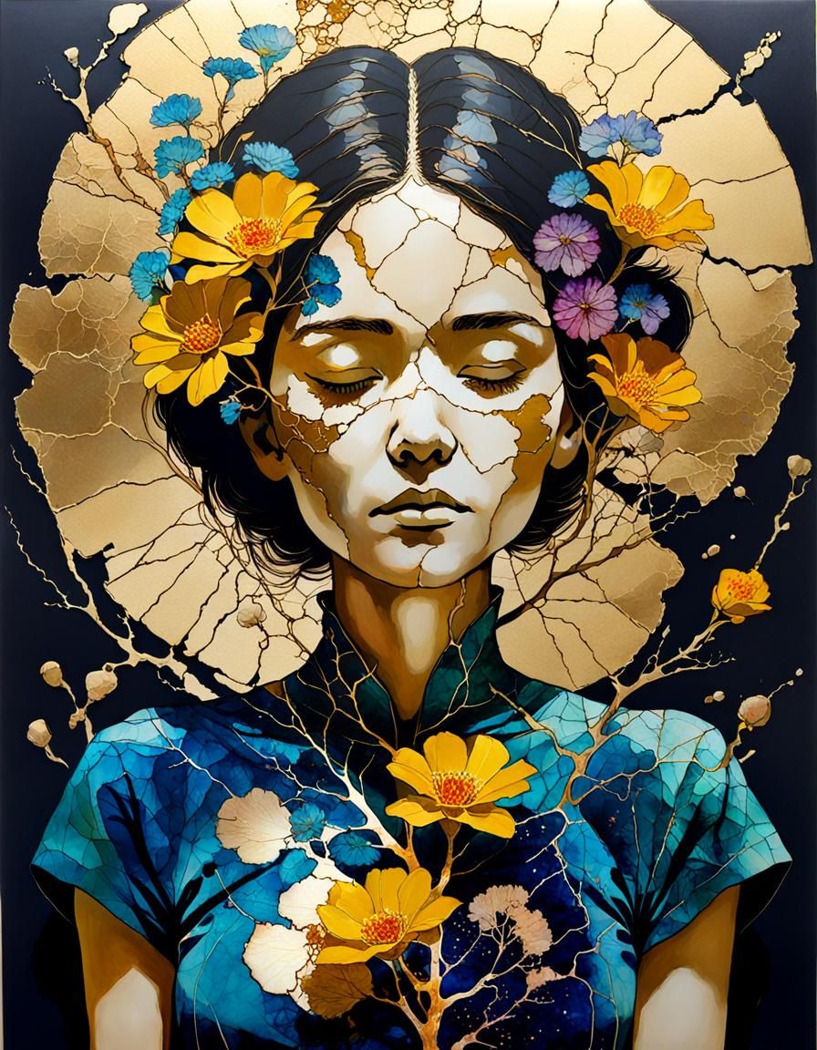 Surreal Bio Art Portrait with Flowers and Kintsugi