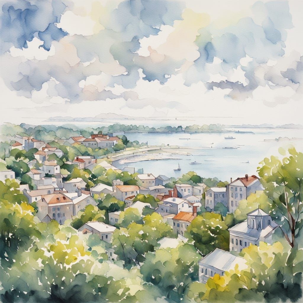 Impressionistic Watercolor of a Mediterranean Coastal City