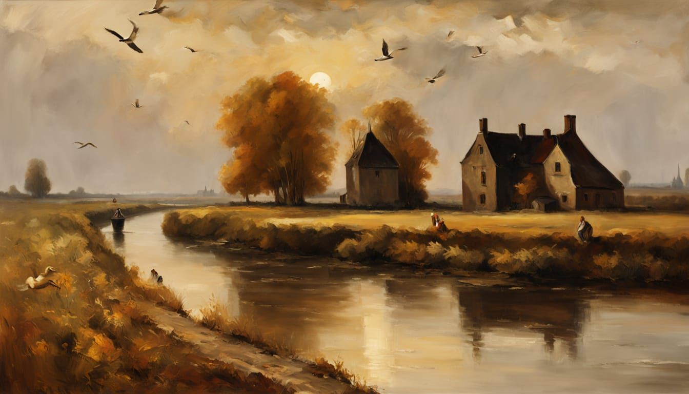 Midwestern Autumn Landscape in Baroque Oil Painting Style