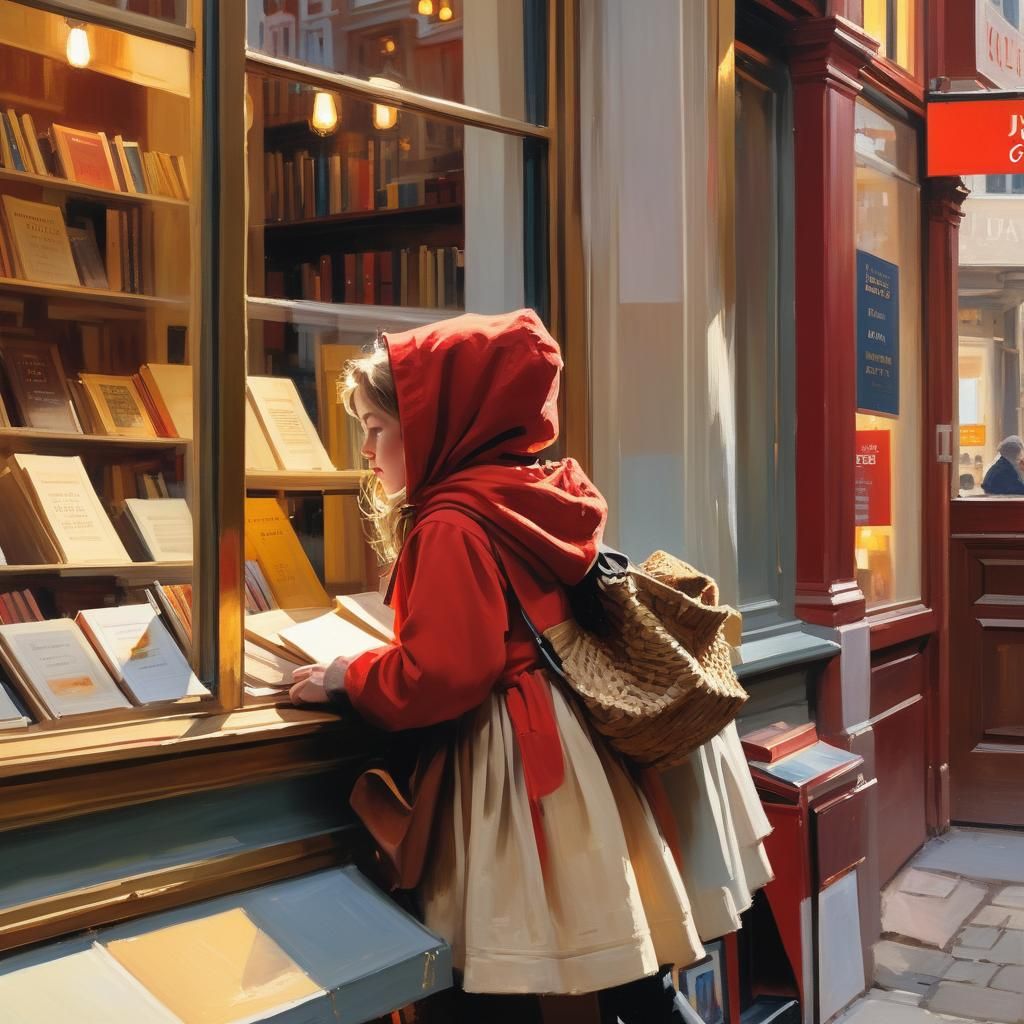 Girl in Red Hood at Bookshop: Impressionist Oil Painting