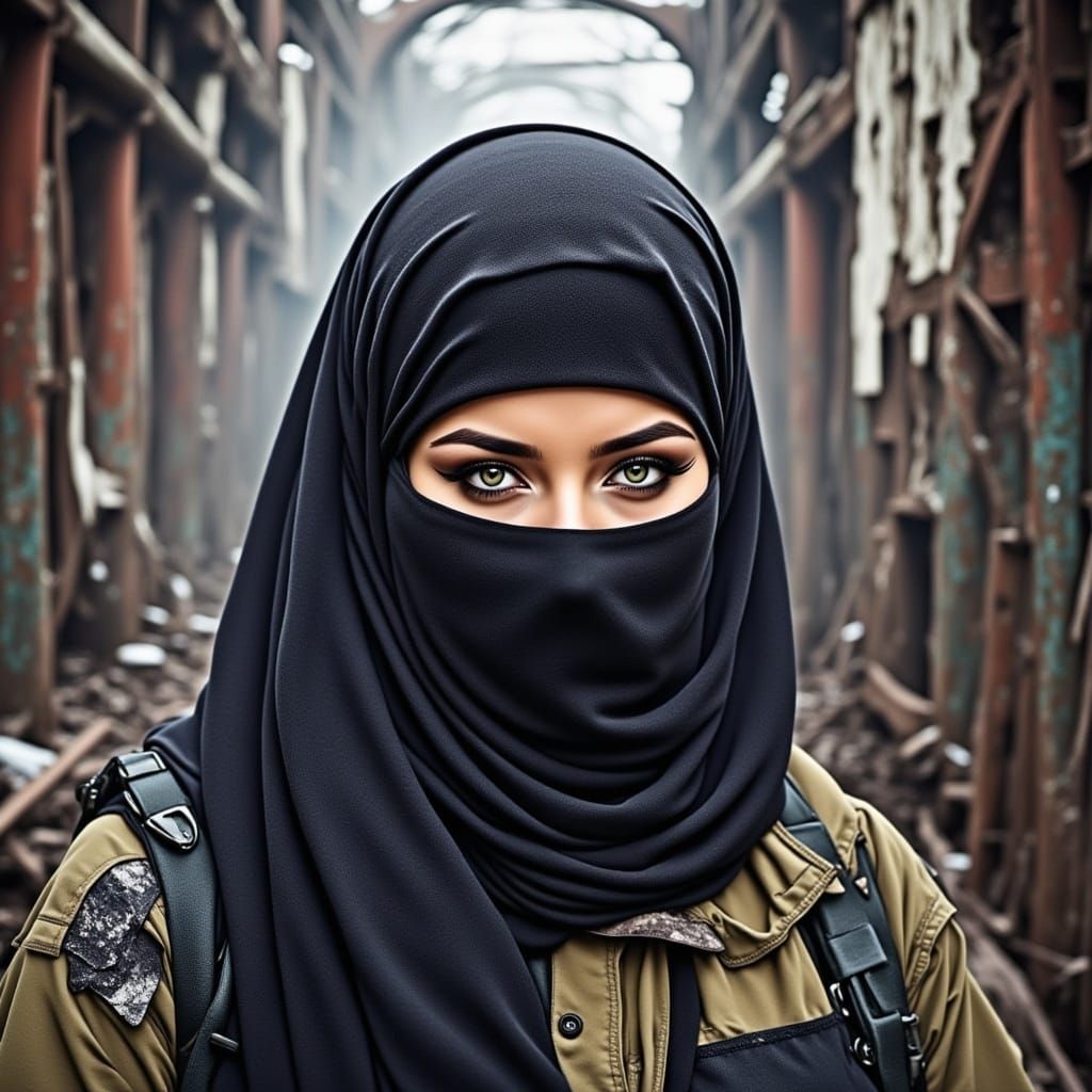 Post-Apocalyptic Woman in Niqab Amidst Radioactive Factory