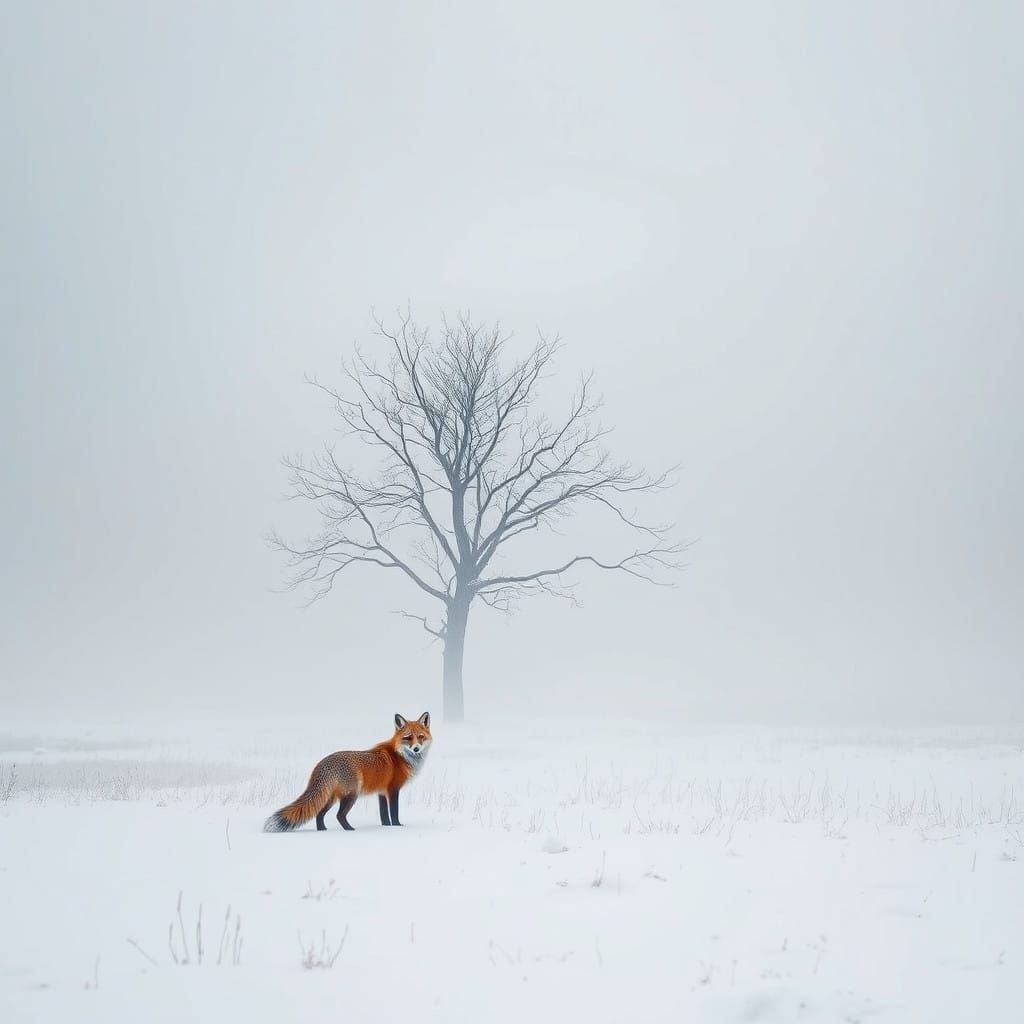 Surreal Winter Fox Amidst Barren Landscape