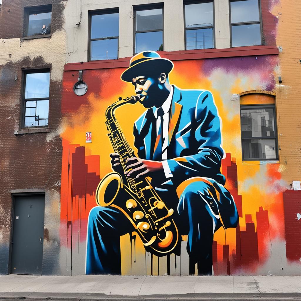 Vibrant Jazz Musician Mural in Urban Street Art
