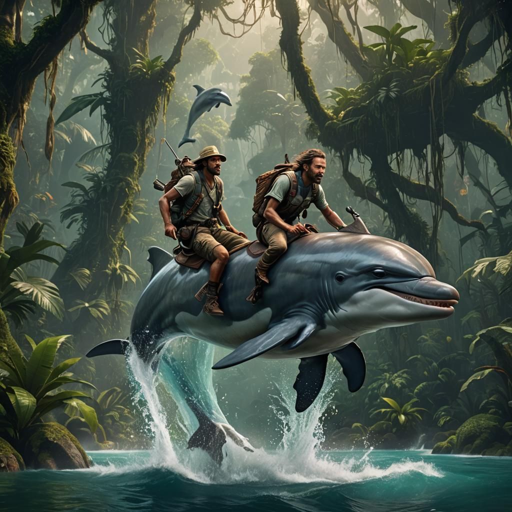 Indiana Jones Rides Dolphin in Rainforest: Fantasy Art