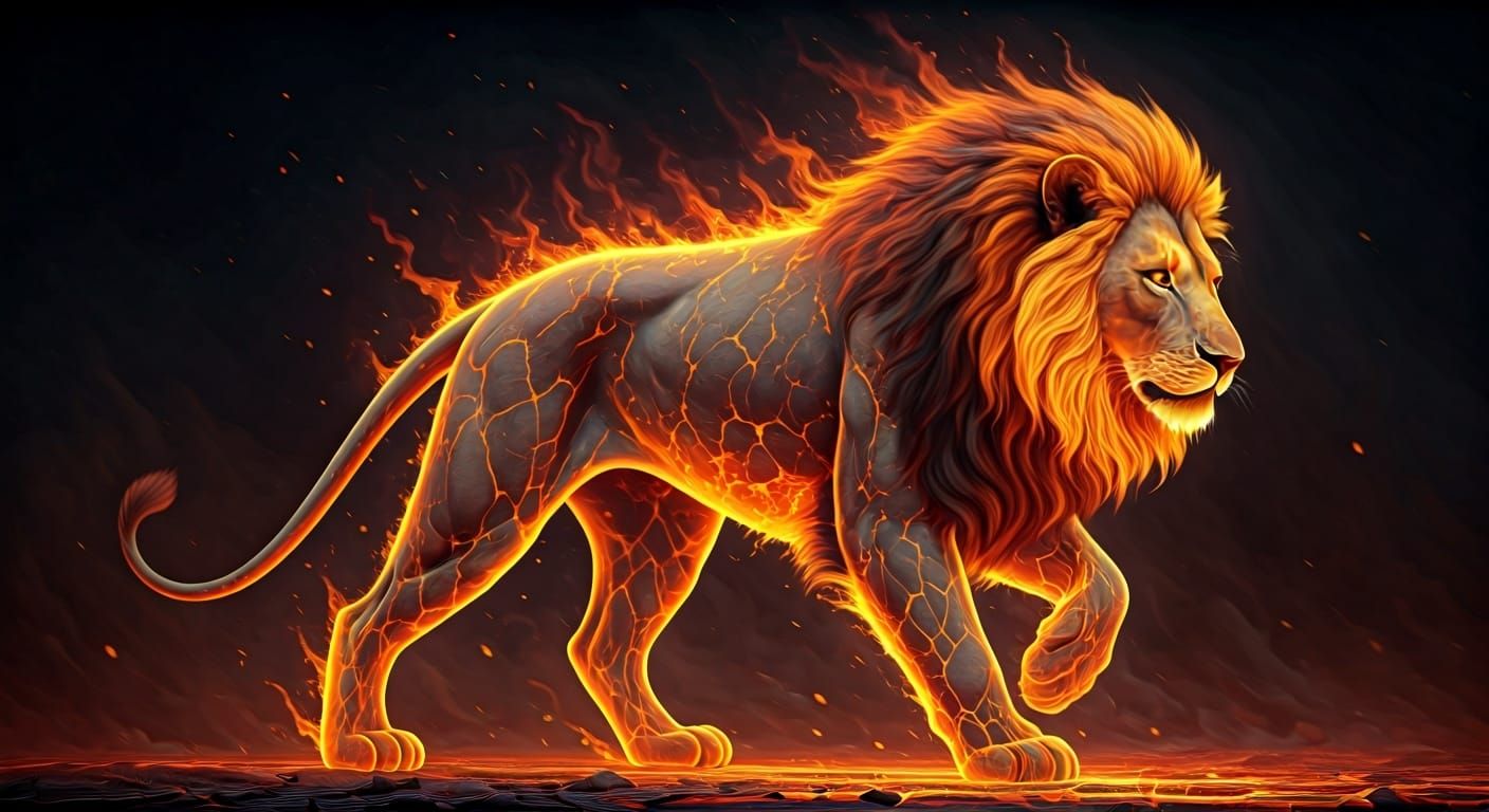 Fiery Lion: Molten Lava and Flickering Flames