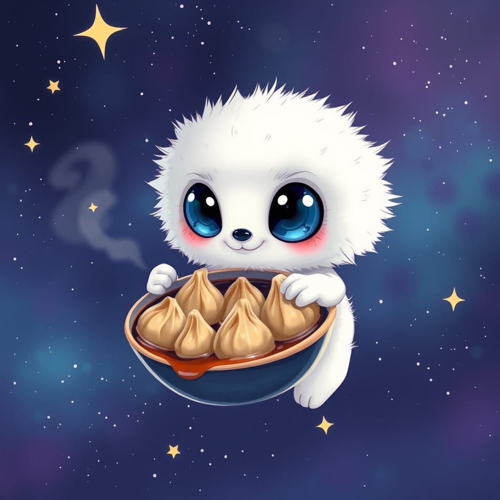 Whimsical Space Creature Savoring Dumplings in Zero Gravity
