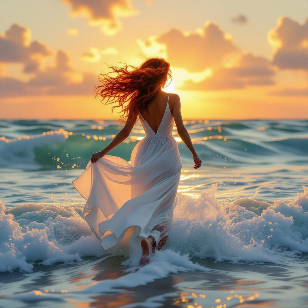 Red-Haired Woman Runs on Sunlit Waves
