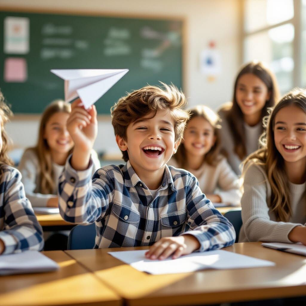 Boy Launches Paper Airplane in Classroom, Teacher and Classm...