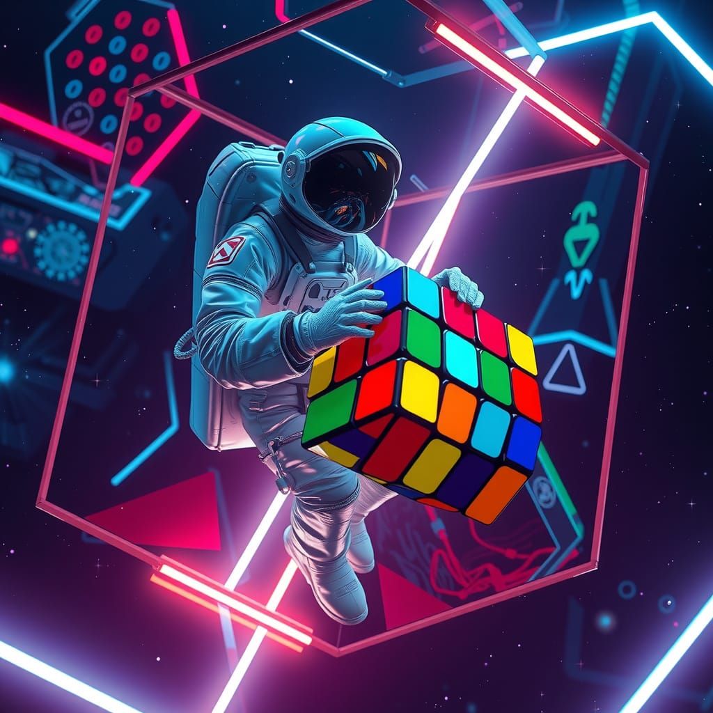 Astronaut in Futuristic Space Cube, Manipulating a Glowing R...