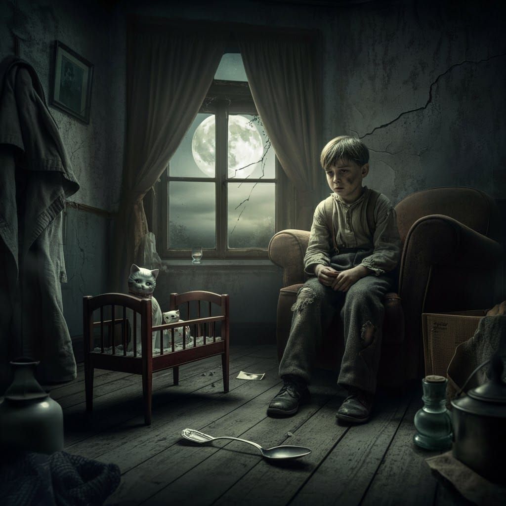 Somber Boy with Porcelain Cat and Moonlight