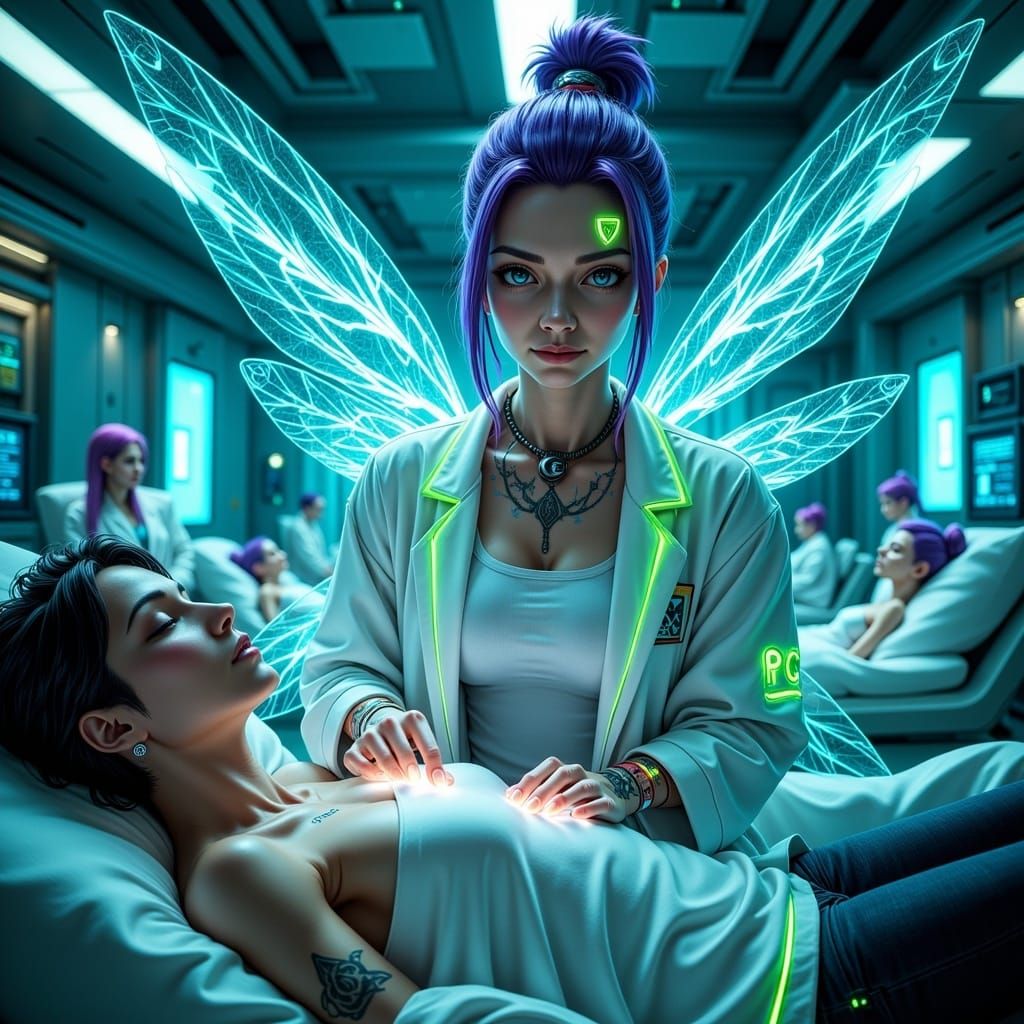 Cyberpunk Fairy Healer in Neon Medical Bay