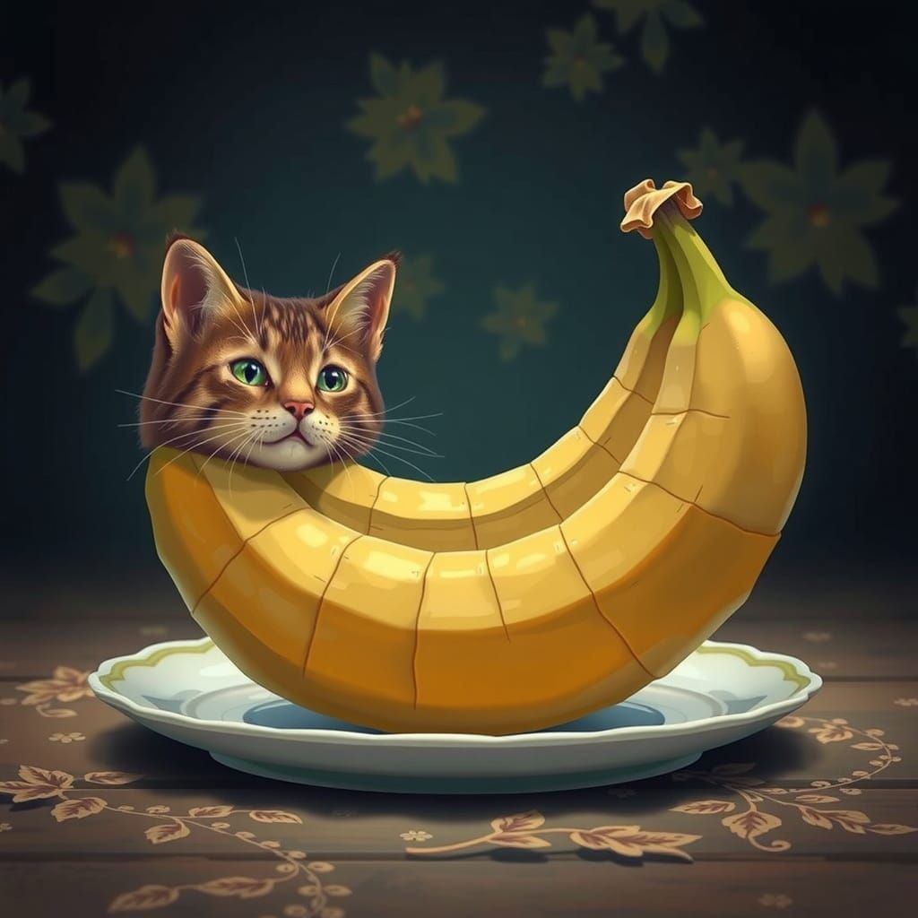 Whimsical Banana Cat Hybrid in Antique Setting