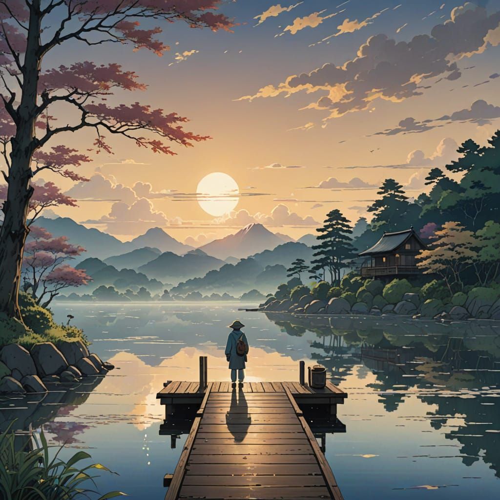 Shin hanga rainy season fisherman scenery