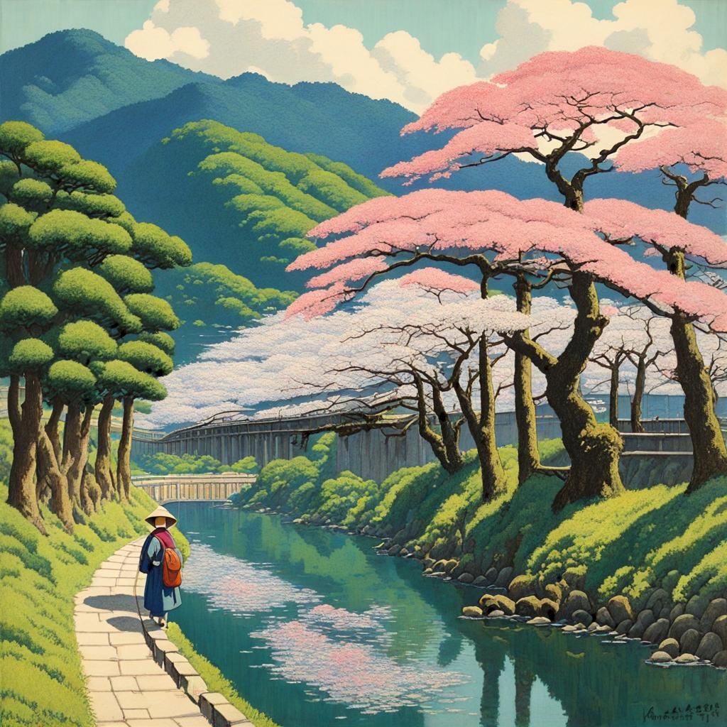 Arashiyama Spring Landscape: Neo-Impressionist Painting