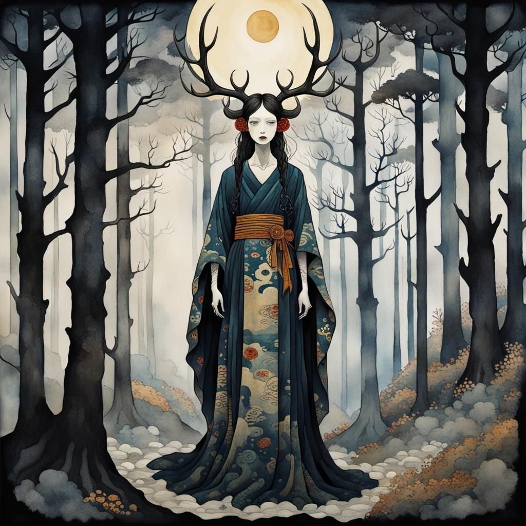 Antlered Woman in Moonlight: Klimt-Inspired Ukiyo-e Impressi...