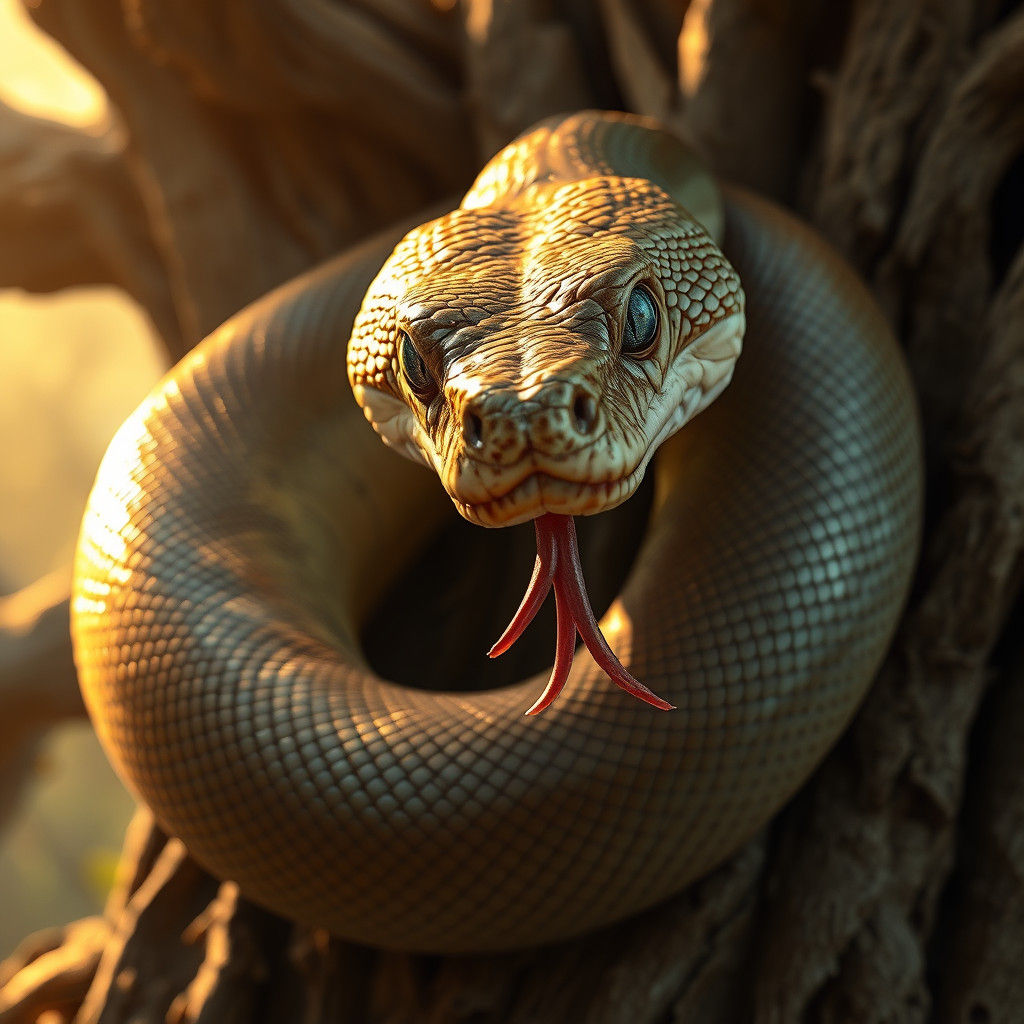 This lazy adult snake has mottled pale brown scales and blue eyes. She is unusually large and highly intelligent. She li...