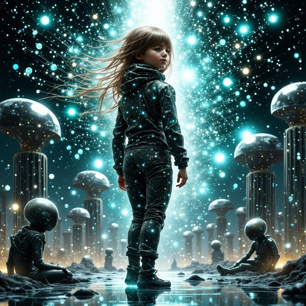 Cyborg Empress Surrounded by Robots in Futuristic Odyssey