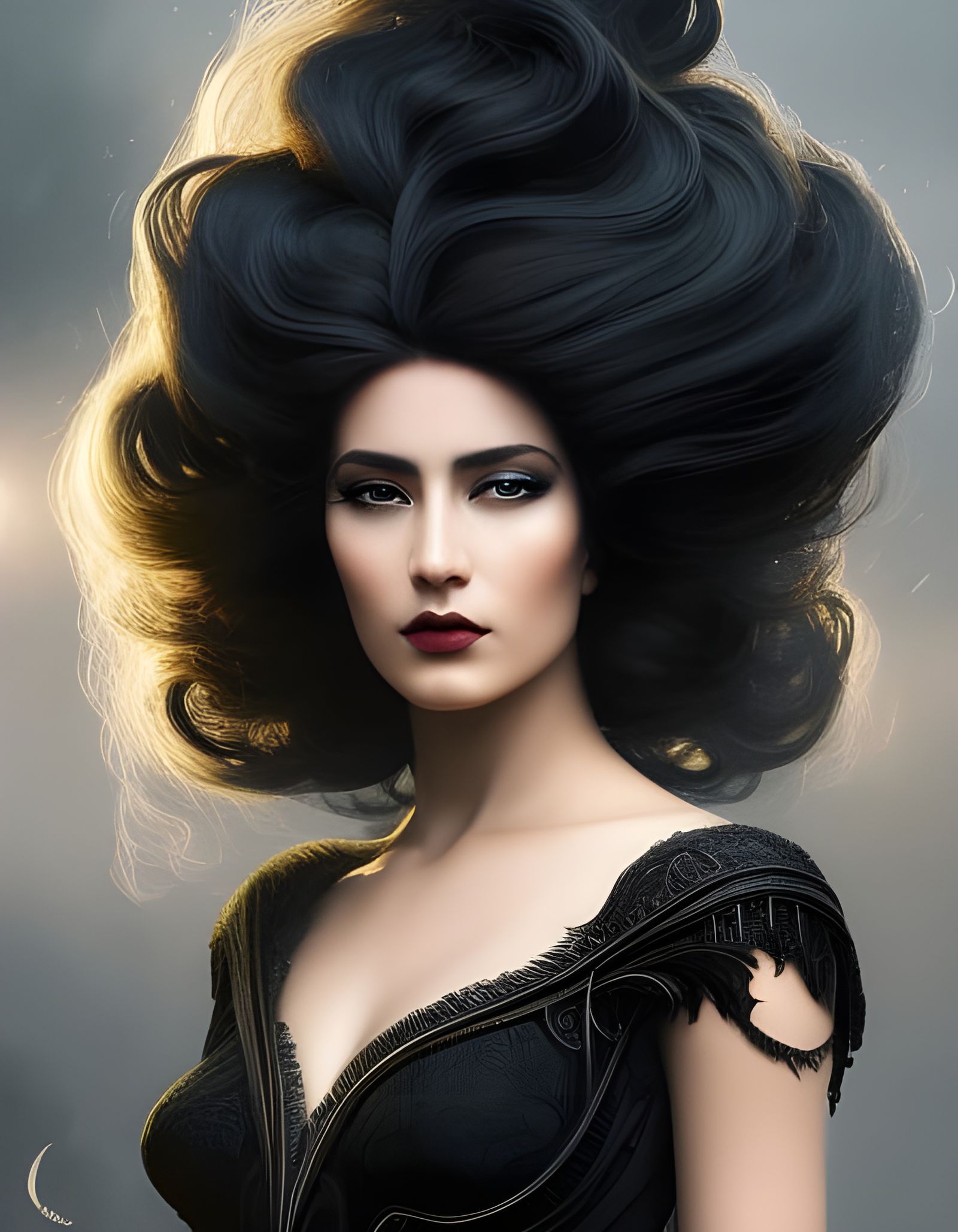Gothic Woman with Cobweb Hair in Art Nouveau Style
