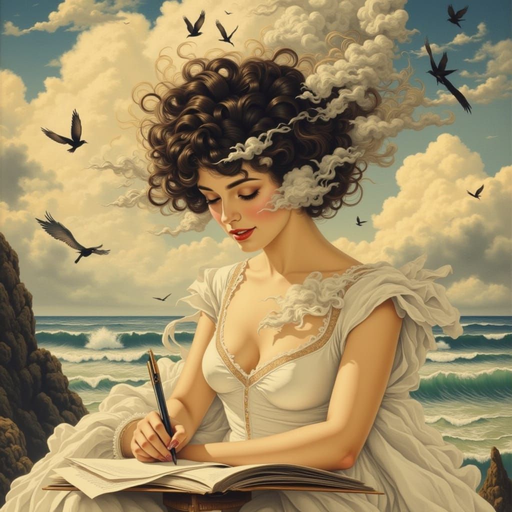 Ethereal Mist Woman Writing in Golden Sunset Light