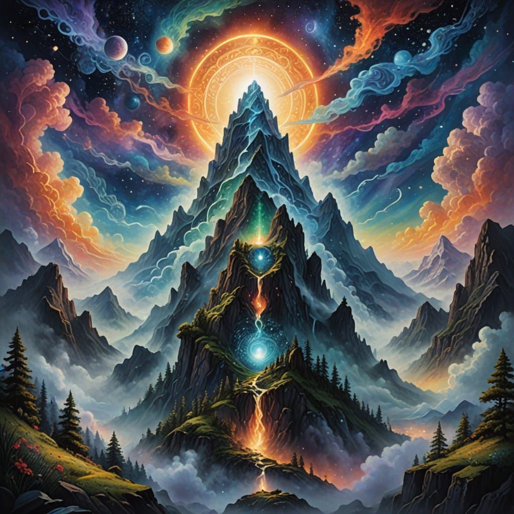 Ethereal Mountain of Light in Vibrant Cosmic Hues