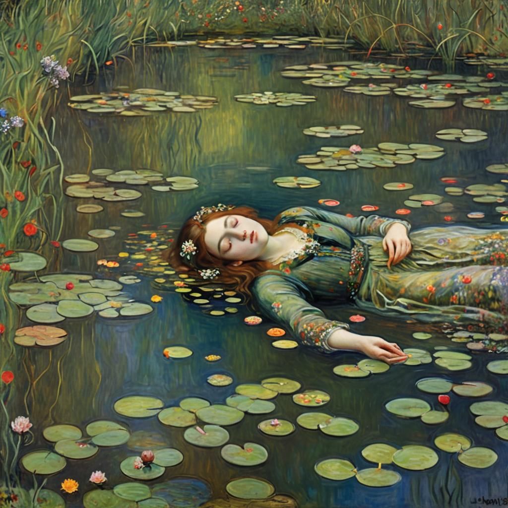 Ophelia Sleeping by Pond in Impressionist Style