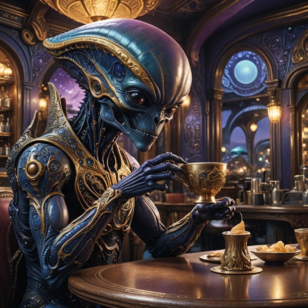 Alien Enjoying Drink at Earth Cafe: Matte Painting