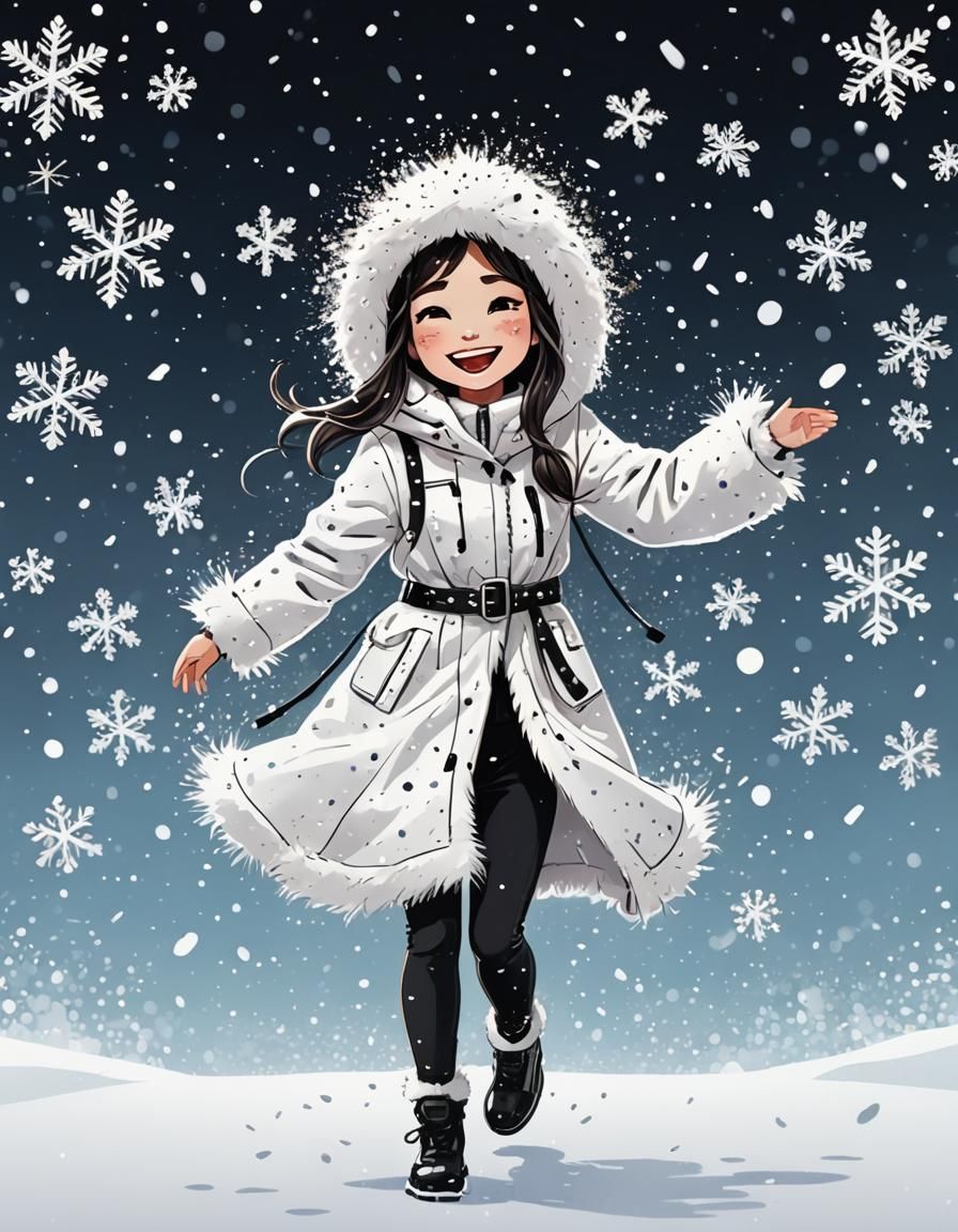 Cute Eskimo Girl's Blizzard Dance: Minimalist Cartoon