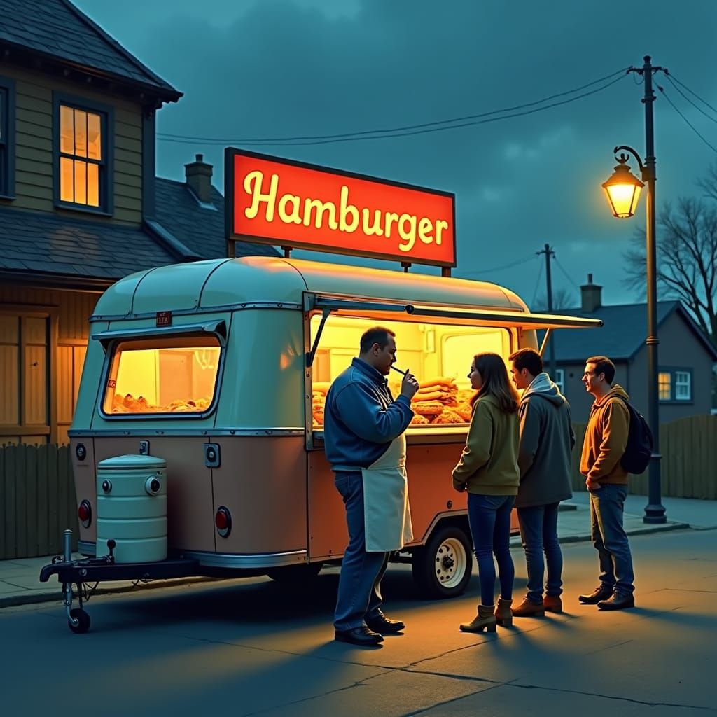 Rustic English Pub Scene with Vintage Hamburger Trailer