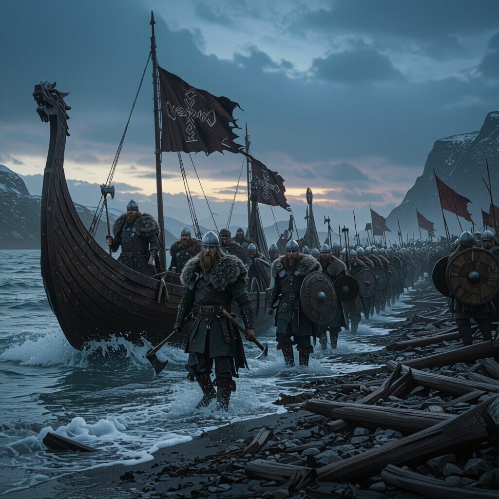 Viking Army Lands in Stormy Fjord, Cinematic Scene