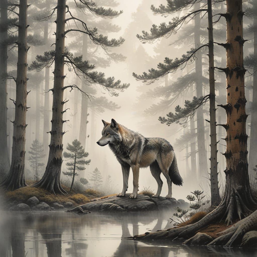 Wolf Emerge from Misty Pine Forest in Traditional Japanese S...