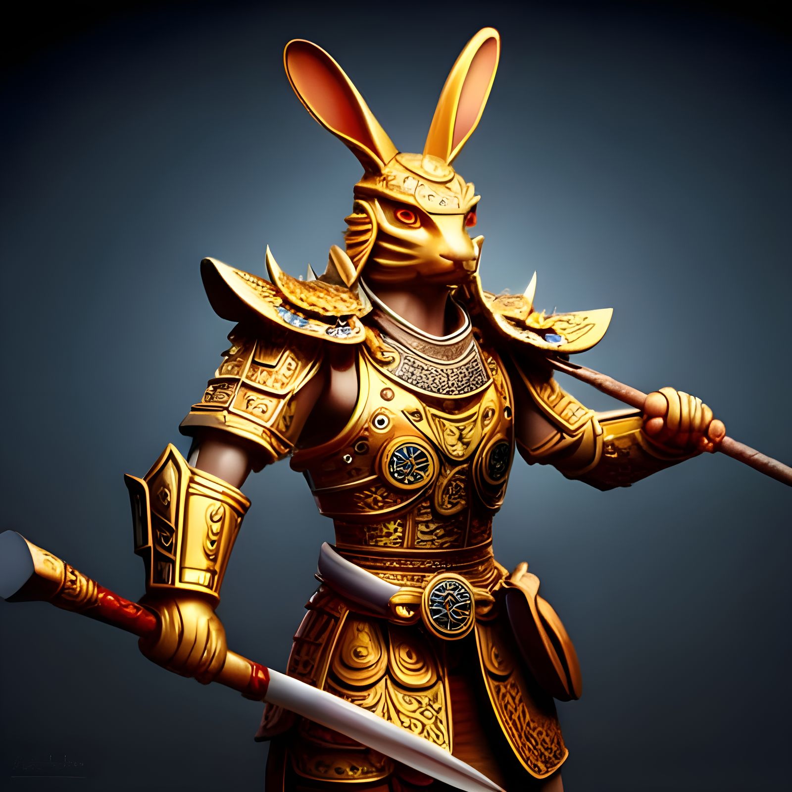 Samurai Rabbit in Gold Armor, Hyperdetailed Digital Art