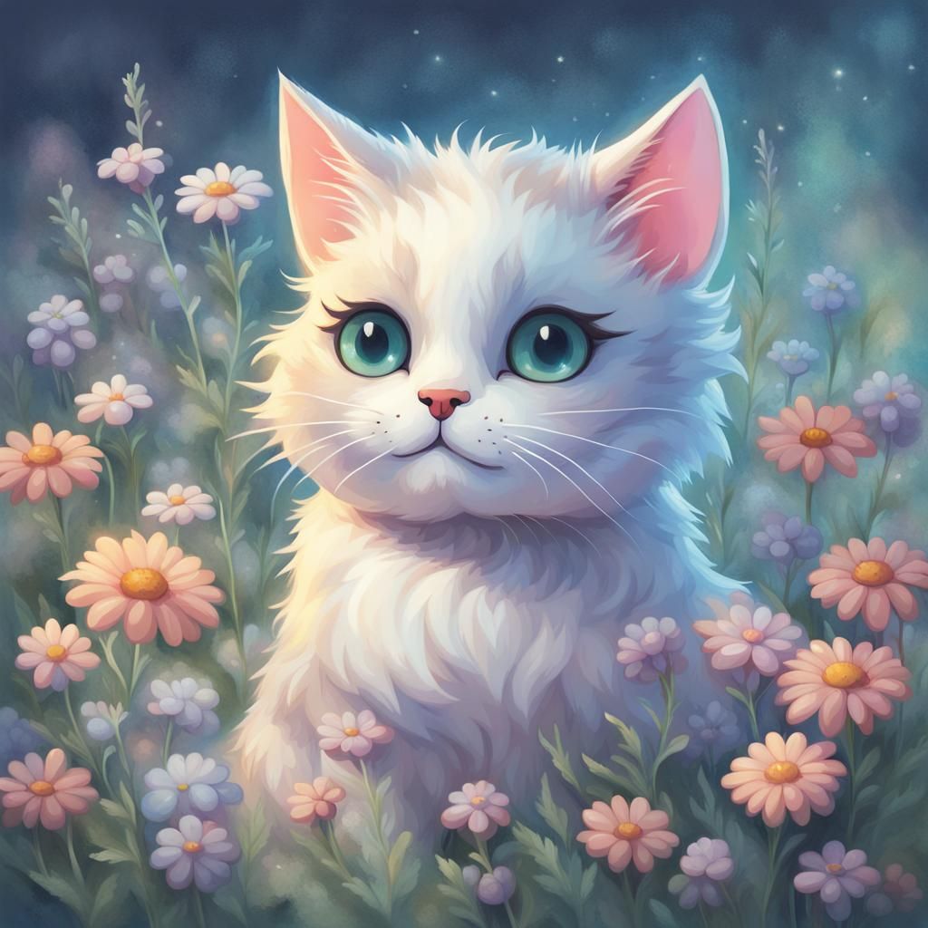 Kawaii Cat with Wildflowers in 2D Illustration