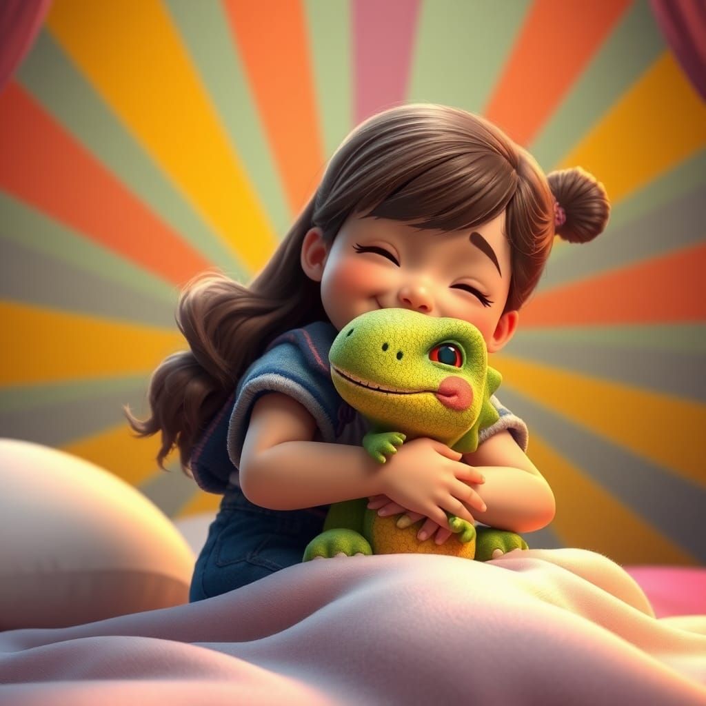 Girl Embraces Dinosaur in Pixar-Inspired 3D Style