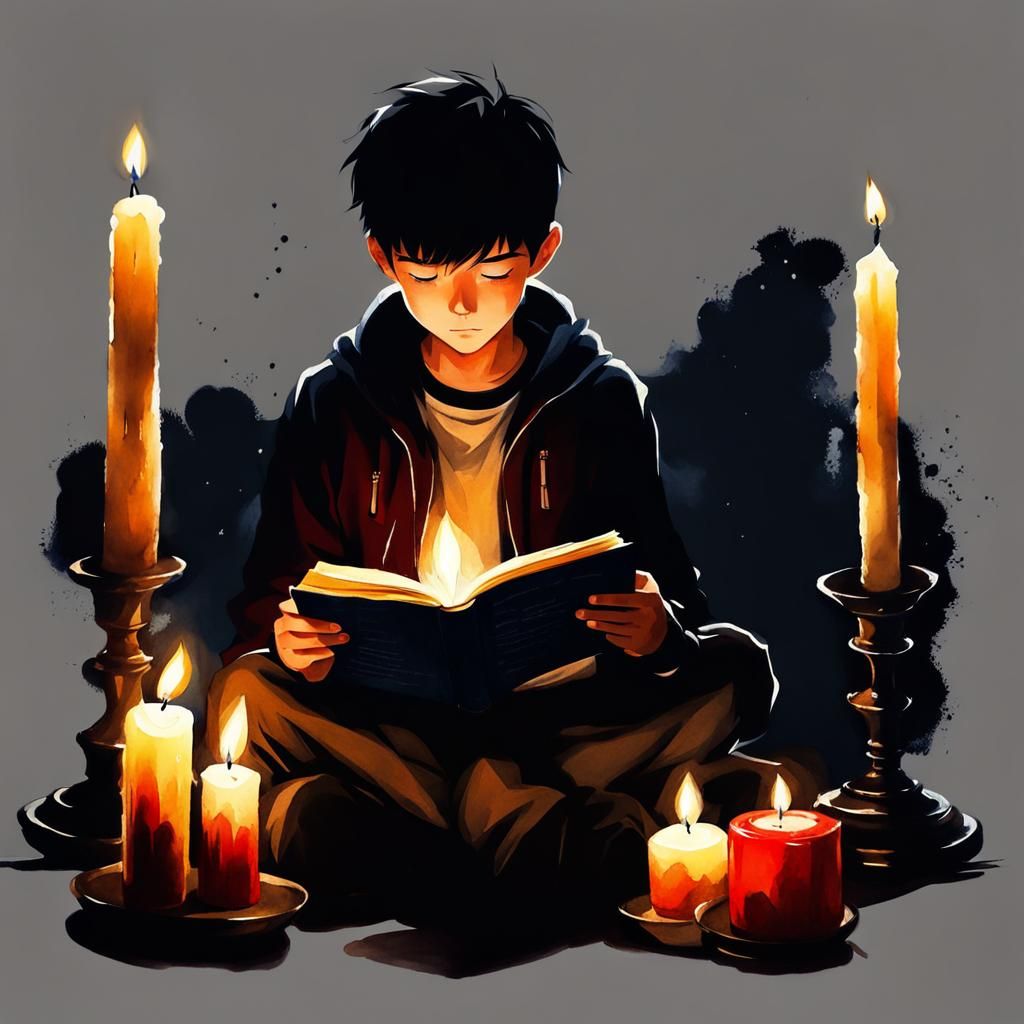 Anime Boys Reading by Candlelight in Watercolor Style