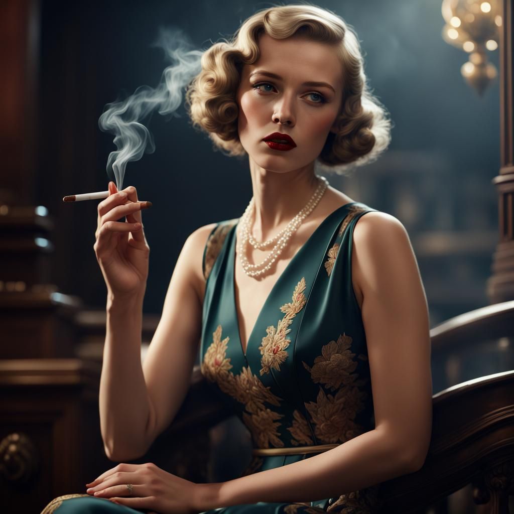 1930s Girl in Silk Dress Smoking