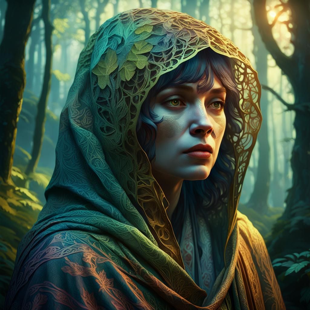 Lilith in Mystical Woods: Alphonse Mucha Style Portrait