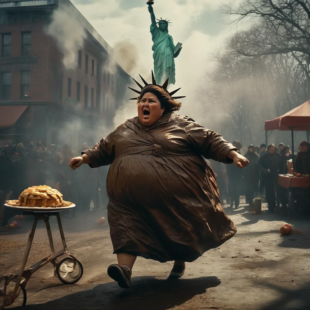 Angry Statue of Liberty in Feathers, Cinematic Still