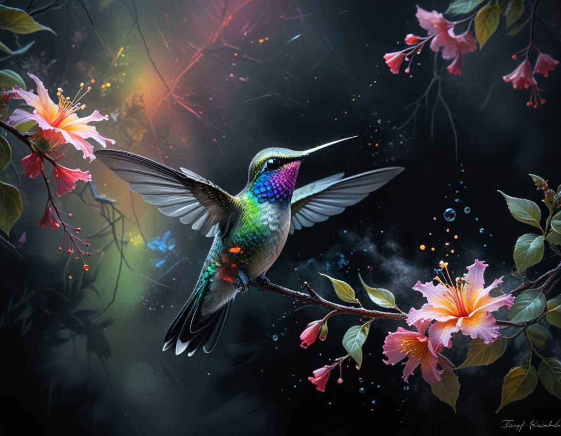 Hummingbird with Pastel Rainbow Glow on Black Canvas