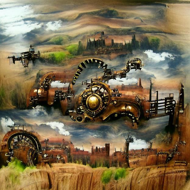 Steampunk Landscape with Flying Machines