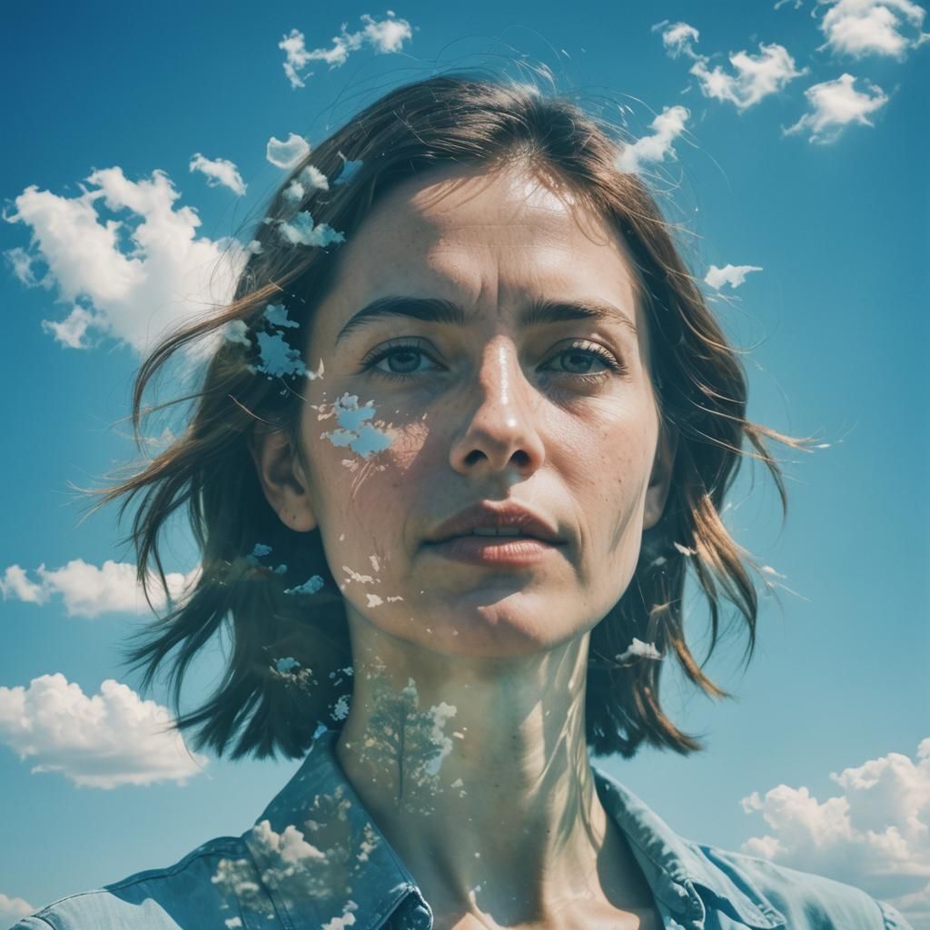 Double Exposure Portrait: Woman and Cerulean Sky