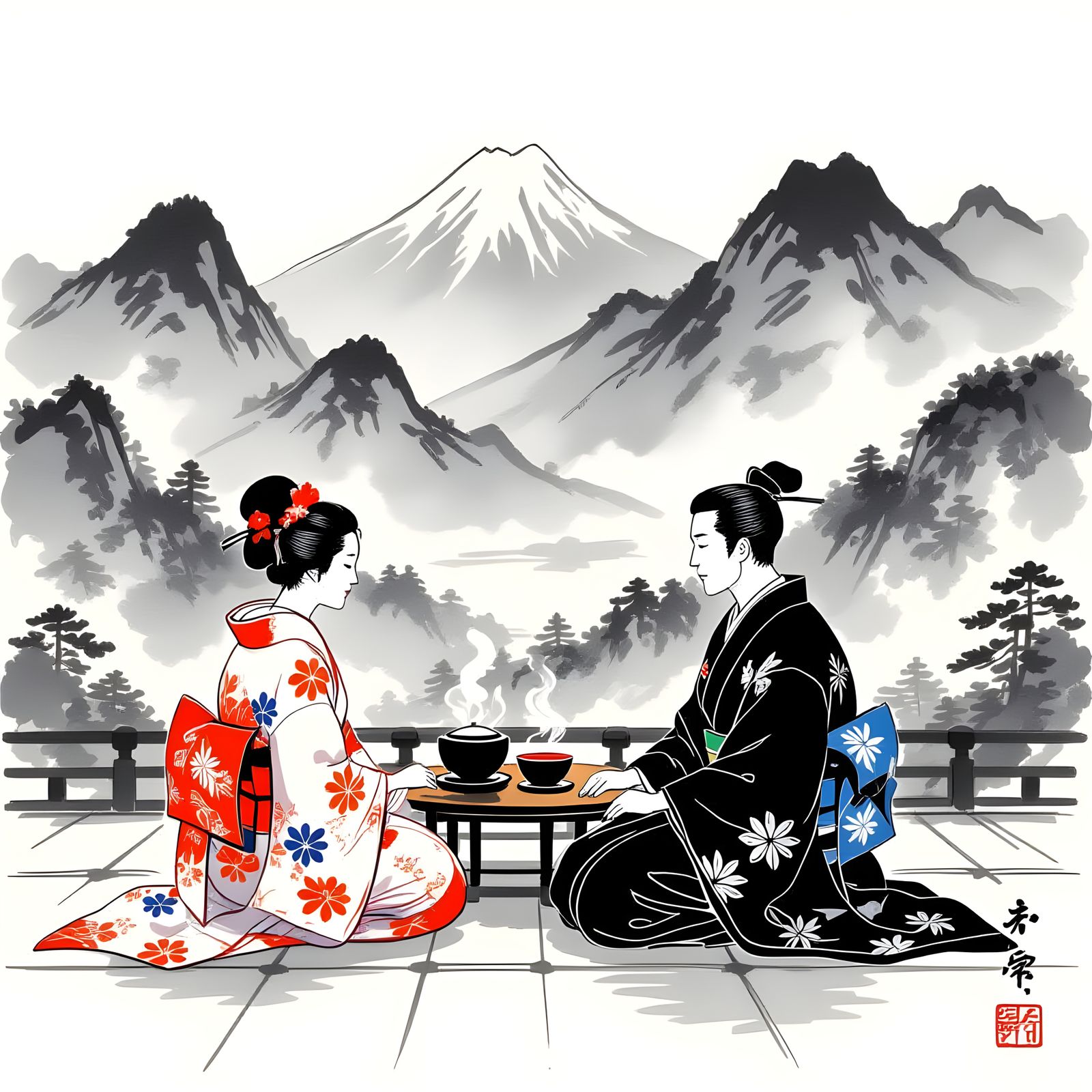 Tea Ceremony in Valley as Japanese Ink Painting