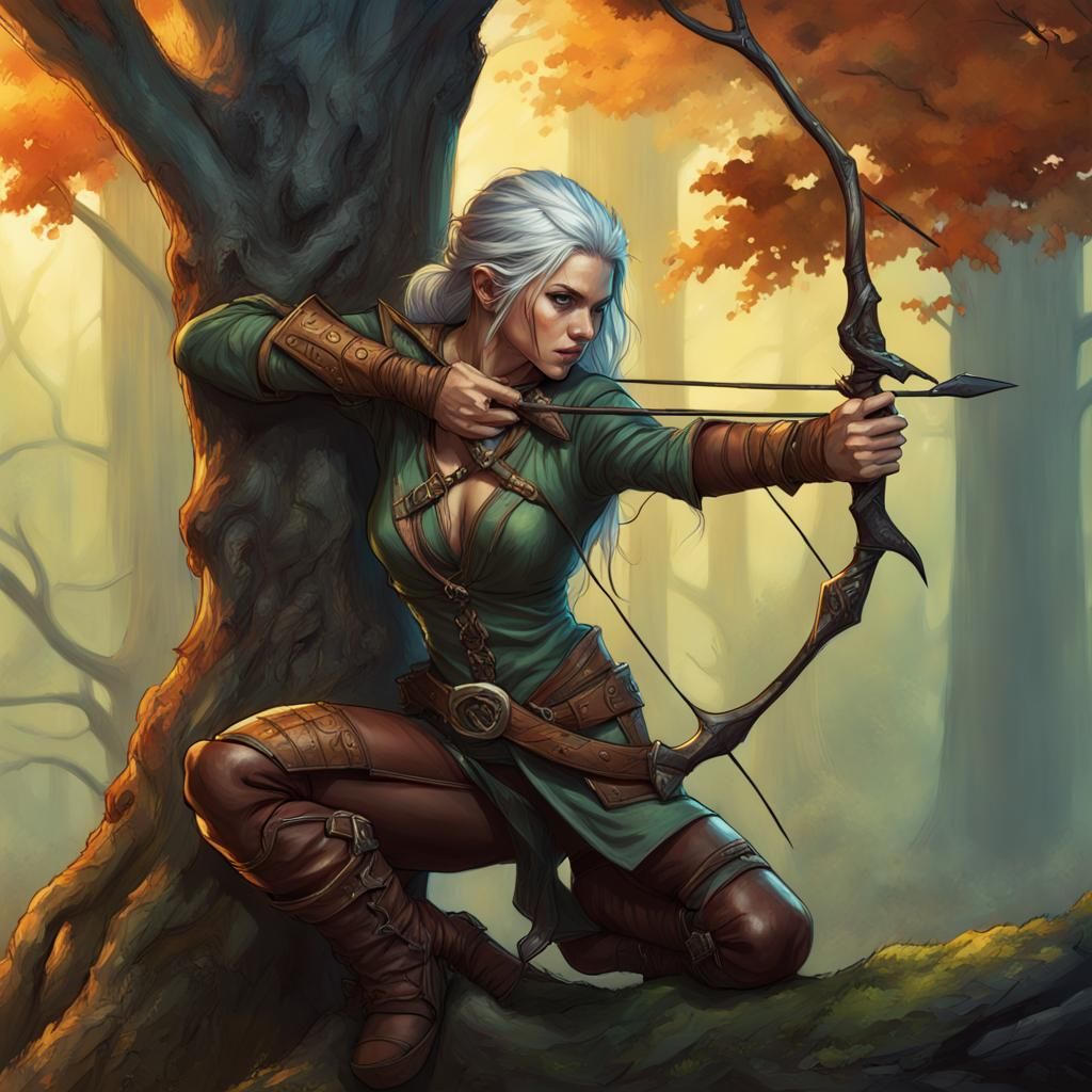 Half Elf Rogue Drawing Bow: Hyperrealistic Concept Art