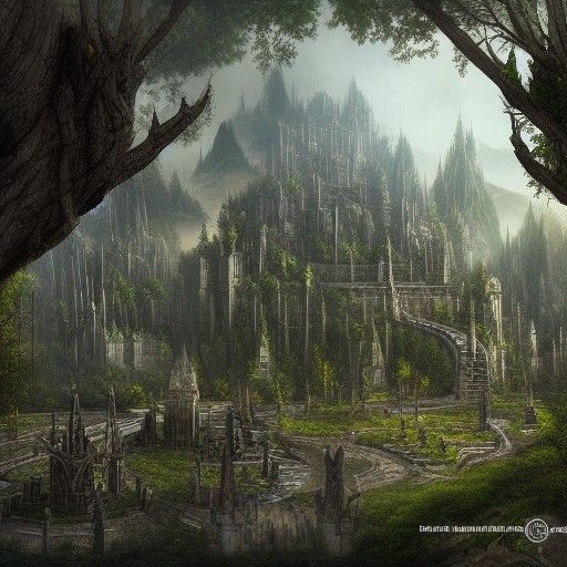 Elven City in Trees: Detailed Matte Painting