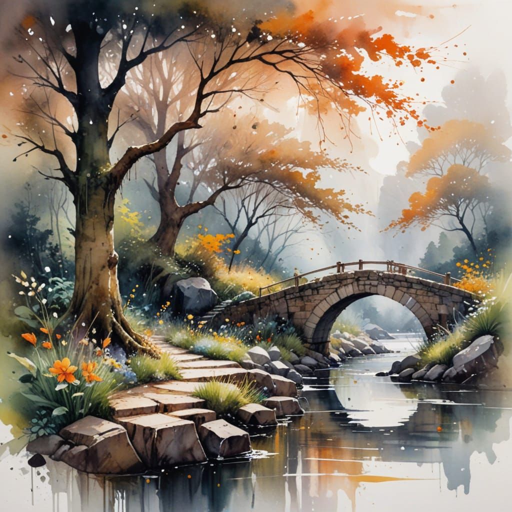 Rainy Spring Scene on Ancient Stone Bridge
