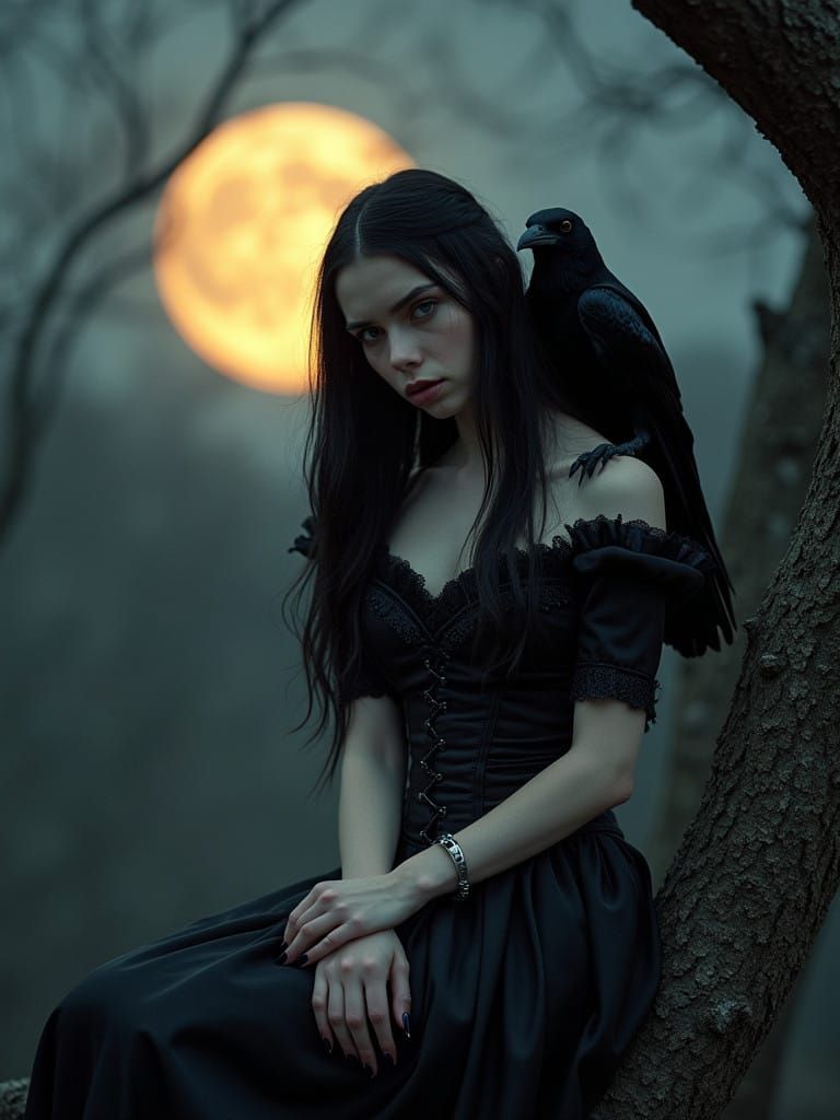 Ethereal Woman Under Moonlit Tree in 35mm Film Style