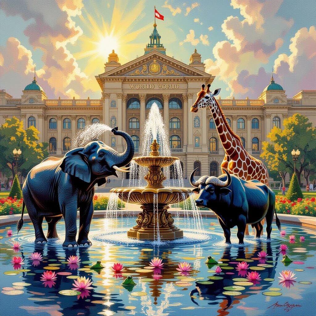 Grand Fountain with Animals in Tonalist Style