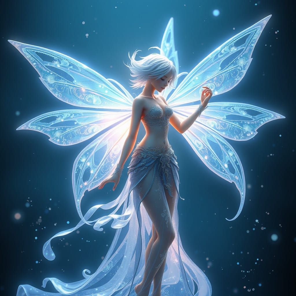 Surreal Blue Fairy in Iridescent Gown, Glowing with Ethereal...