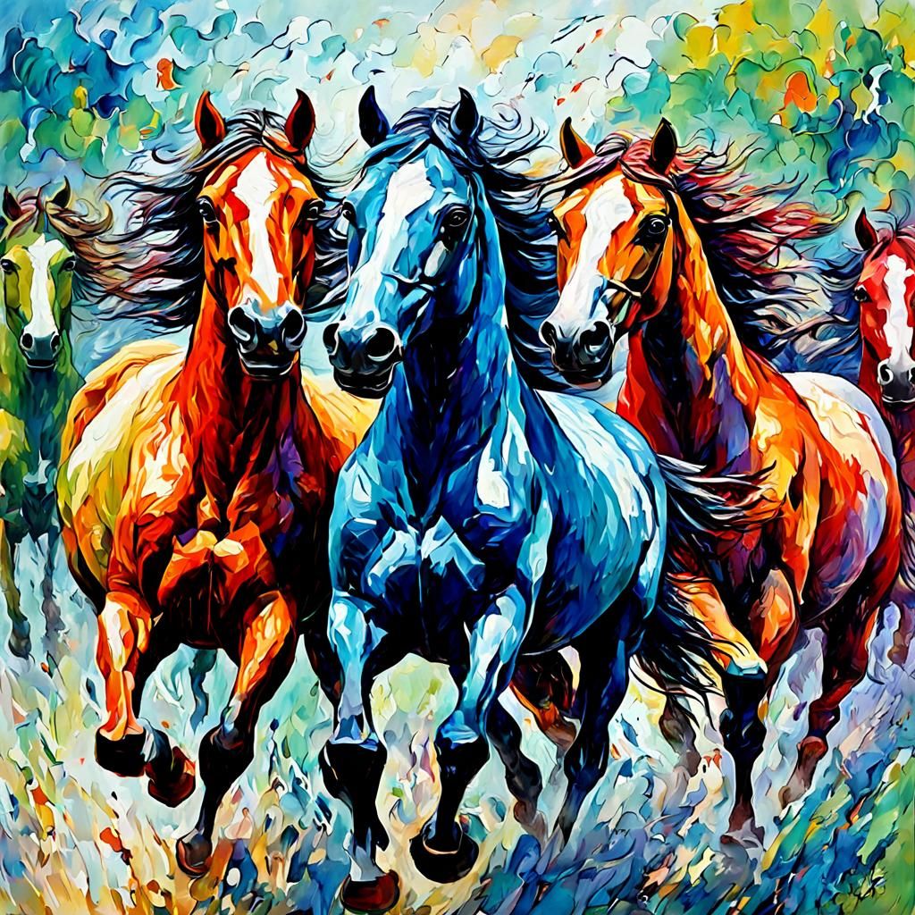 Stampeding Horses in Expressionist Oil Painting